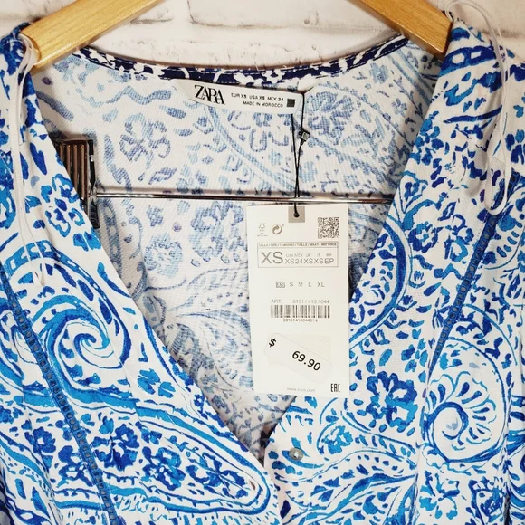 Zara printed tunic midi maxi dress white xs small nwt - Picture 4 of 7